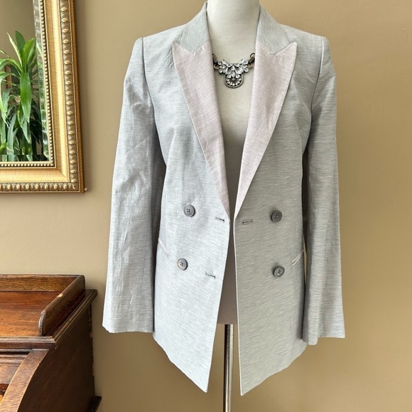 Rebecca Taylor Slub Linen Blend Gray and Pink Double Breasted Blazer Size 10 - Picture 7 of 16